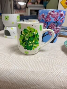 Hand-Painted by ME! White Ceramic Mug with Green Floral Design